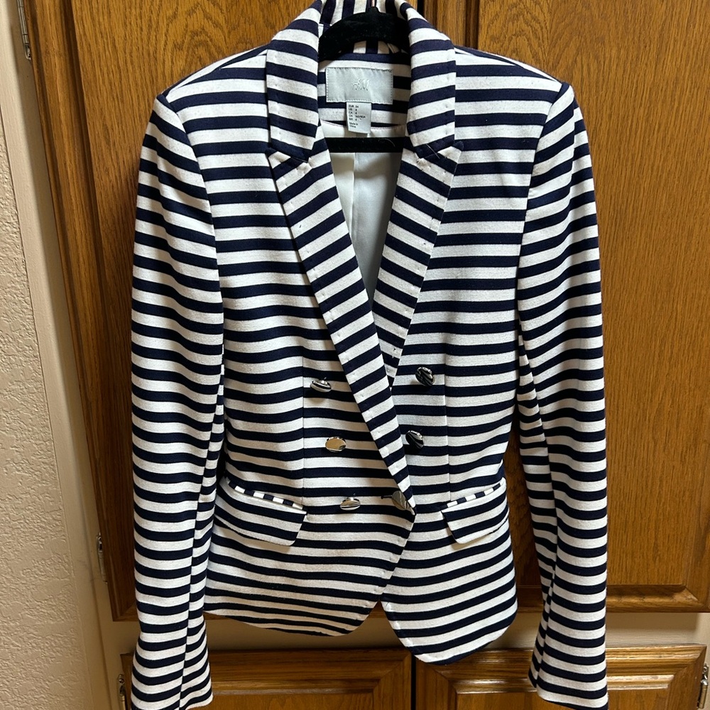H&M Striped Navy and White Double-Breasted Women's Blazer - Picture 2 of 4